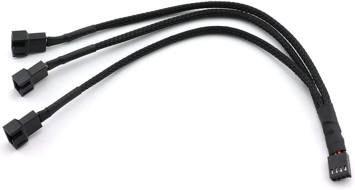 4Pin 1 to 3 Ways PWM Fan Splitter Cable Black Sleeved Fan Power Extension Cable 4Pin Female to 3X 4Pin Male 27Cm/10.5 Inches